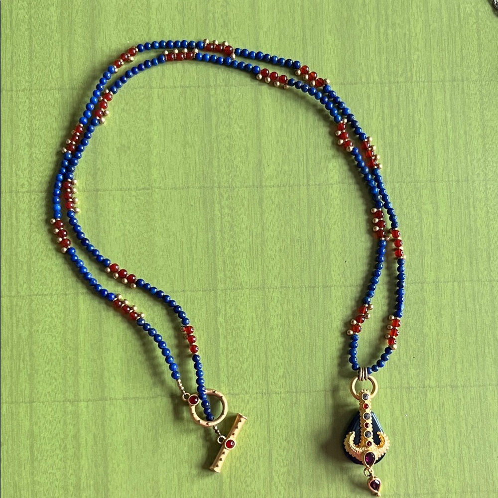 Elegant Blue, Red and Gold Beaded Anchor Necklace